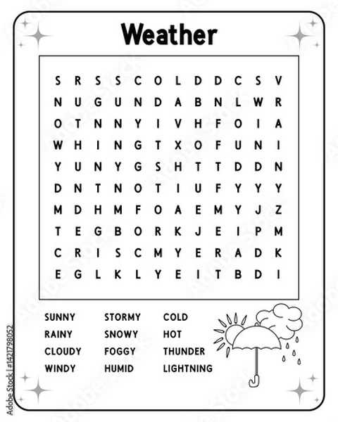 Fototapeta Word search game for children. Educational puzzle. Printable worksheet. Coloring page for kids. Find words in a table. Vector illustration.
