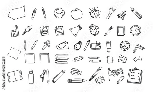 Fototapeta collection of school supplies and educational items including pens, notebooks, globes, and sports equipment, evoking sense of creativity and learning