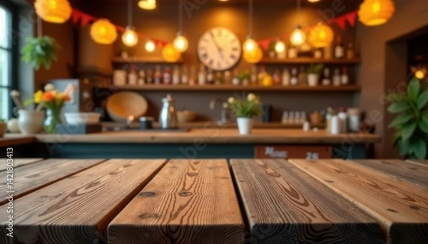 Fototapeta Rustic wooden tabletop, blurred celebratory backdrop, colorful, montage