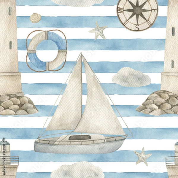 Fototapeta Watercolor seamless pattern with yacht, anchor. Nautical seascape on striped background