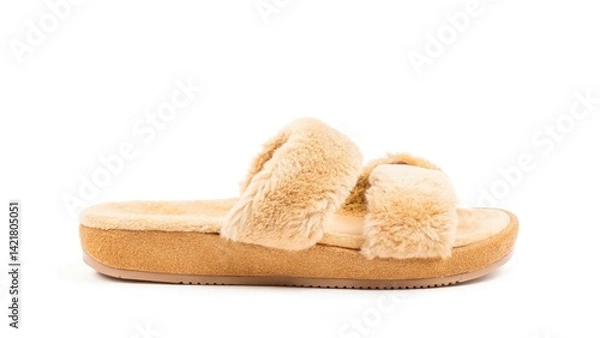Fototapeta Comfortable Tan Fuzzy Slipper with Soft Wide Straps and Textured Sole