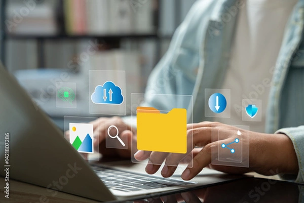Fototapeta Document management system (DMS) for business, Secure online folder and file sharing with virtual cloud access, Efficient team communication, and Data security, Online database ,Cloud storage.
