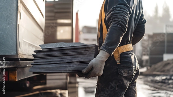 Obraz Worker Loading Metal Sheets onto Truck