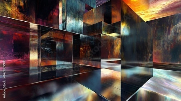 Fototapeta Abstract geometric space with complex reflections and vibrant colors