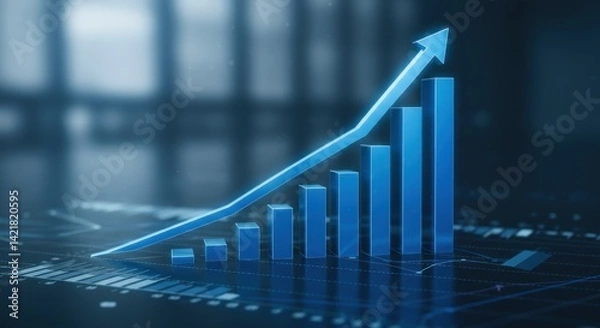 Fototapeta Blue bar graph with upward arrow indicating growth on a dark background.