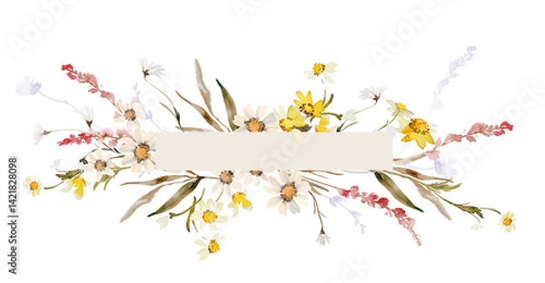 Fototapeta Watercolor Wildflower Greeting Card with Floral Frame