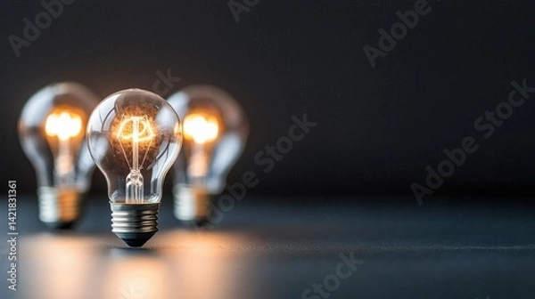 Obraz Three glowing light bulbs are arranged artistically against a dark background, showcasing their intricate filaments and creating a warm ambiance.