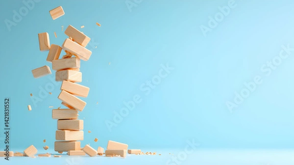 Fototapeta Falling Beige Blocks Tower on Light Blue Background