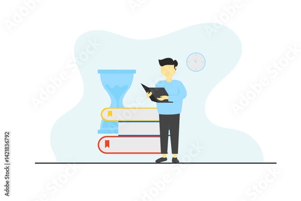 Obraz Flat Design Illustration of Time Management and Study Concept – Man Reading on Digital Device with Books and Hourglass