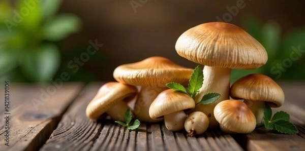 Obraz Freshly picked mushrooms displayed on a rustic wooden table with green leaves.