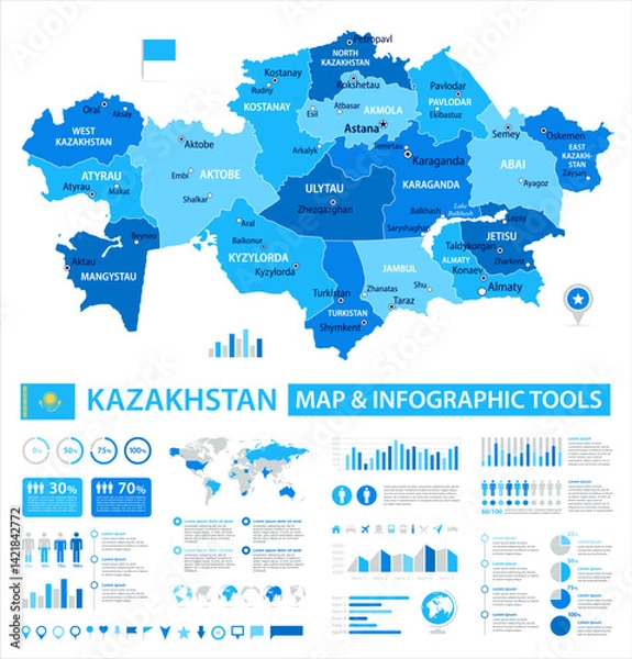 Fototapeta Kazakhstan Infographic Map with Data Visualization Elements - Vector Map of Kazakhstan