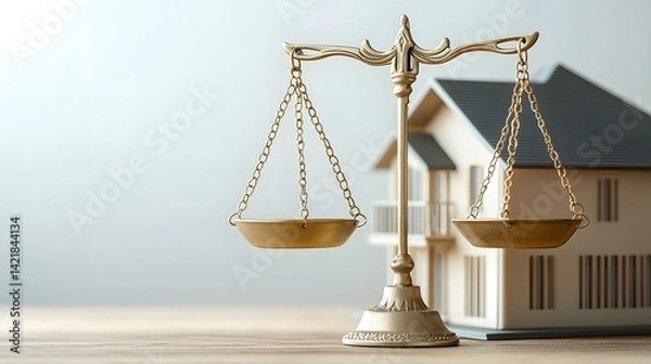 Fototapeta A golden scale of justice sits beside a miniature house model symbolizing real estate law, property rights, and fair housing legal proceedings ensu equitable distribution and