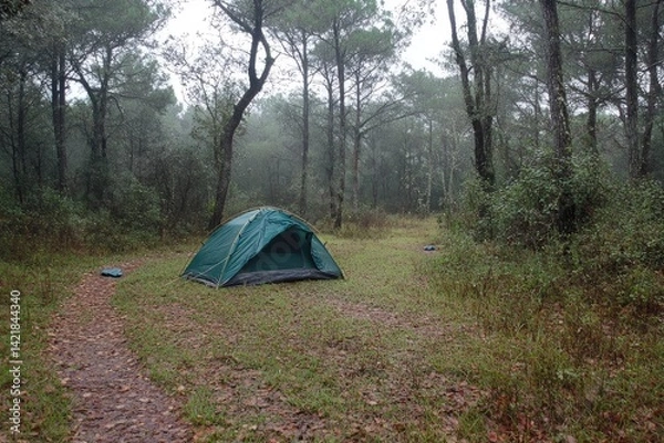 Obraz Foggy forest campsite with tent