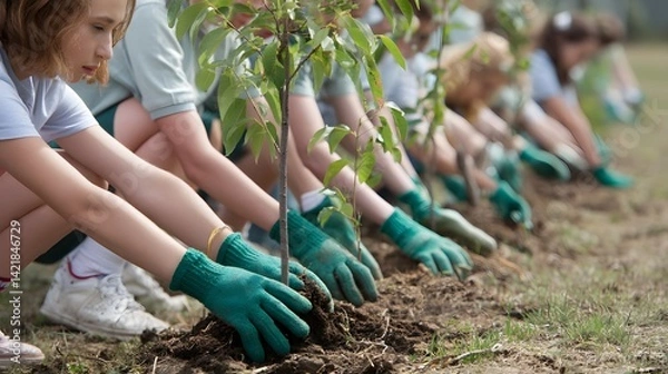 Fototapeta Students planting trees in a row wearing green gloves for an environmental project outdoors in the field