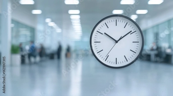 Fototapeta A clock displays the time with motion-blurred individuals bustling in the office background, suggesting a hectic workday atmosphere.