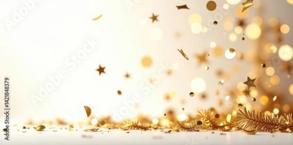 Obraz Golden confetti & tinsel flutter, isolated on white , luxury, element, background