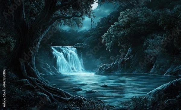 Obraz Lush moonlit forest waterfall scene