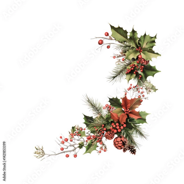 Obraz Festive Christmas Holly and Pine Corner Arrangement