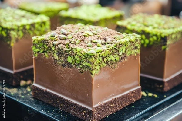 Obraz Chocolate dessert cubes layered with pistachios