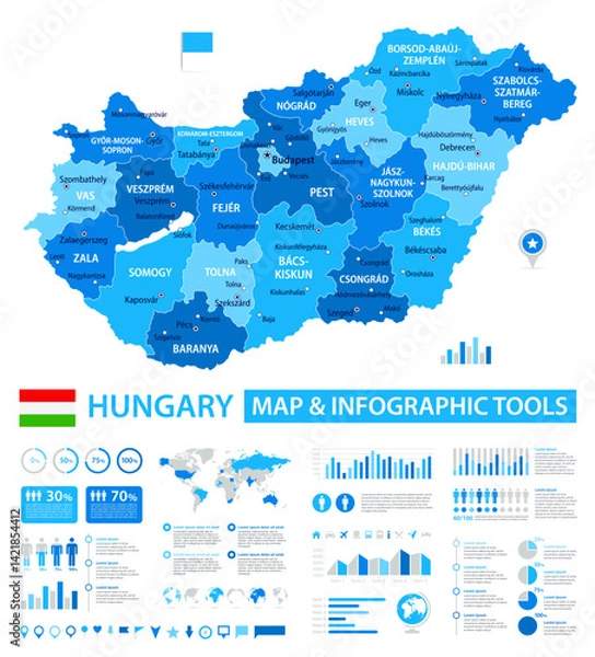Fototapeta Hungary Infographic Map with Data Visualization Elements - Vector Map of Hungary