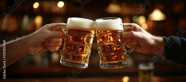 Fototapeta Two beer mugs clinking together in a celebratory toast