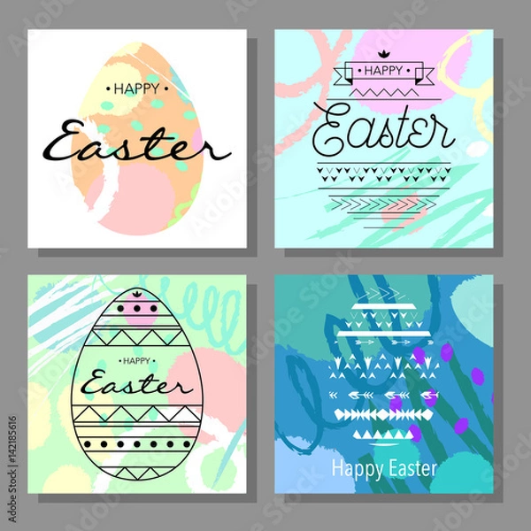Fototapeta Happy Easter cards set with colorful background and decorative eggs. Vector illustration