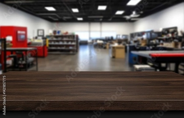 Obraz Empty brown wooden table in a blurred printing shop