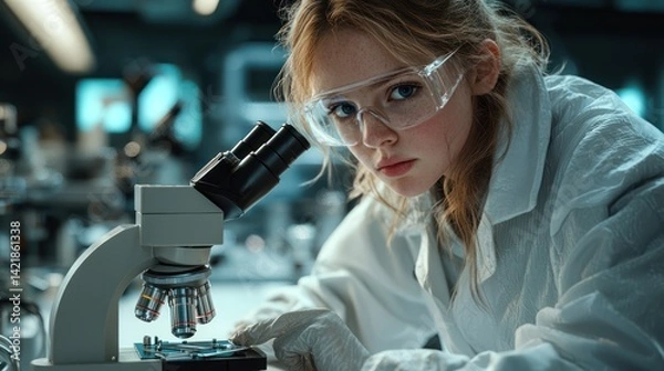 Fototapeta Woman scientist using microscope in lab.  Possible use Education, science