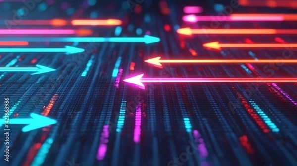 Fototapeta A vibrant digital illustration featuring colorful arrows on a dark background, representing direction, movement, and data flow.