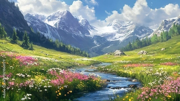 Obraz illustration of A peaceful mountain valley