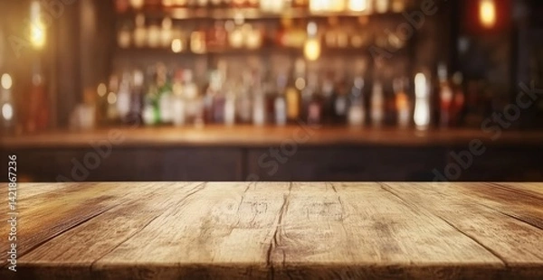 Obraz Wooden bar counter, blurred background