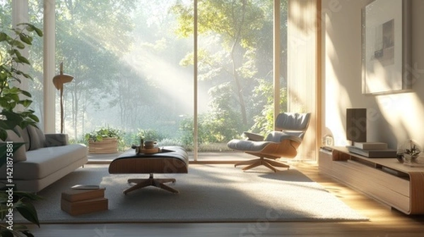 Fototapeta 3D render of an empty modern Scandinavian living room with subtle textures, organic wood details, and soft ambient daylight