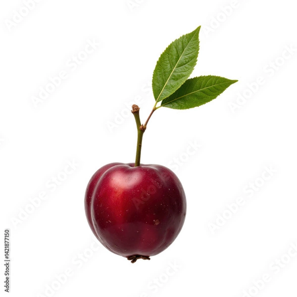 Fototapeta A single ripe red plum with a green leaf attached, isolated on a transparent background.
