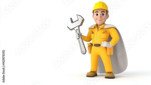 Fototapeta A cheerful cartoon character in a yellow uniform and hard hat, holding a wrench, embodies a superhero vibe in a construction theme.