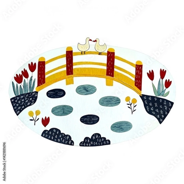 Obraz Charming illustrated scene featuring two ducks in love on a wooden bridge over a serene pond surrounded by colorful flowers, representing nature and tranquility.