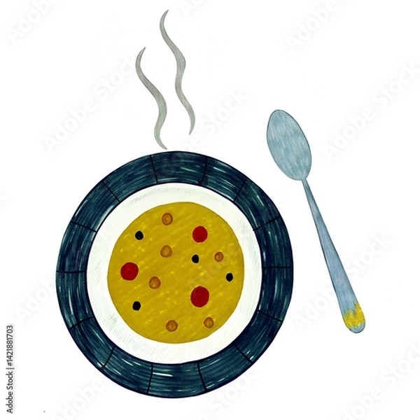 Obraz Delicious bowl of soup steaming with vibrant colors and garnished, served with a spoon on the side, representing comfort food and warmth.