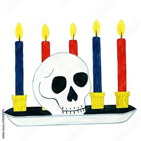 Obraz Colorful Candles Surrounding a Skull on a Plate, Representing Celebration and Remembrance in a Festive Atmosphere