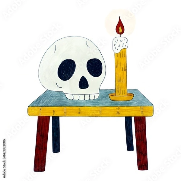 Fototapeta A skull and candle sit on a colorful table, creating a spooky ambiance, representing themes of mortality and mystery in a whimsical style.