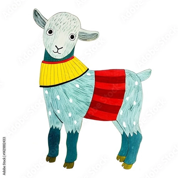Obraz Playful illustrated goat wearing a colorful striped sweater stands against a white background, representing whimsy and creativity in animal art.
