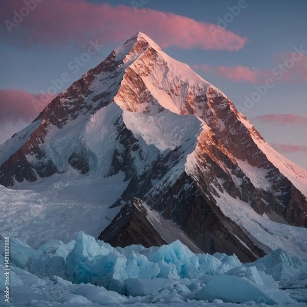Fototapeta At dawn, the first light of day spills over K2's sharp summit, illuminating the ice-bound face in a soft pink hue that quickly gives way to a harsh, blinding brilliance.