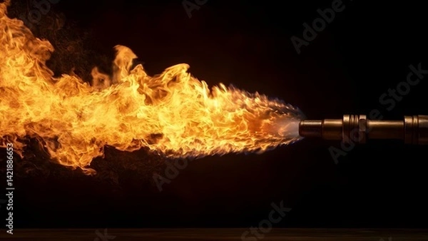 Fototapeta A large flame emanating from the nozzle of a device, likely depicting a flame thrower or similar equipment against a dark background. Concept Flamethrower Art, Fiery Effects