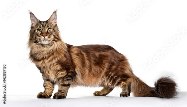 Fototapeta Magnificent Maine Coon Cat Portrait on White Backdrop Showcasing Majestic Breed