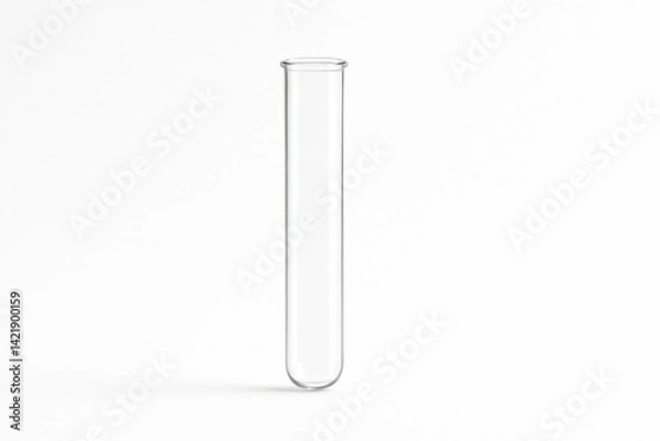 Fototapeta A simple, clear glass test tube stands upright against a pure white background, symbolizing laboratory research and scientific experiments, offering a minimalist visual appeal.