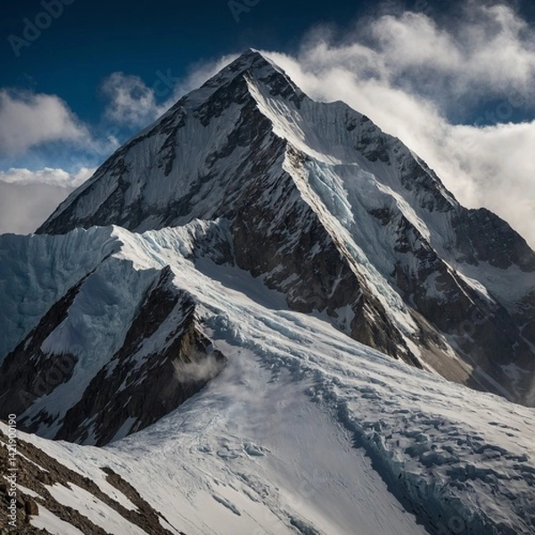 Fototapeta A dramatic view of K2’s Abruzzi Spur, with clouds swirling at the summit and sunlight breaking through to reveal treacherous seracs and crevasses.