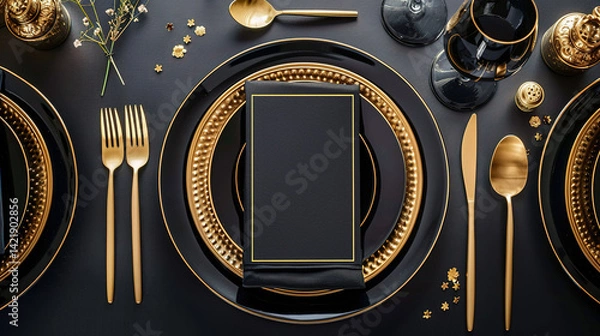 Fototapeta Elegant festive table setting in black and golden with blank card for a restaurant or wedding. Menu invitation mockup. Top view
