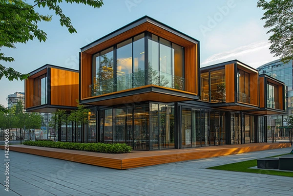 Fototapeta Contemporary office building with balcony gardens and natural wood textures