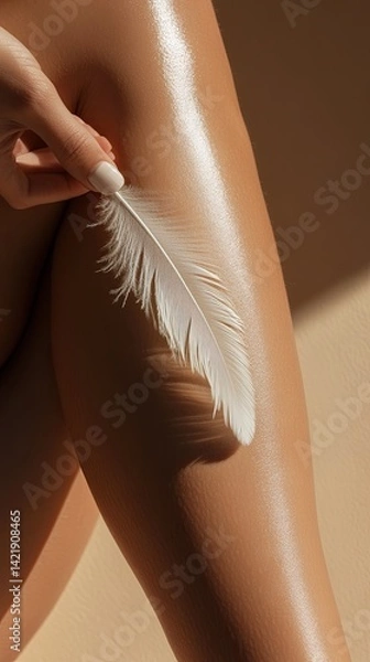 Obraz Close-up of smooth female skin with feather for skincare and softness concept