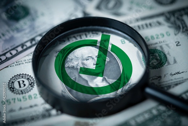 Fototapeta Green correct sign mark inside of magnifier glass on USD banknotes for approval financial audit concept.