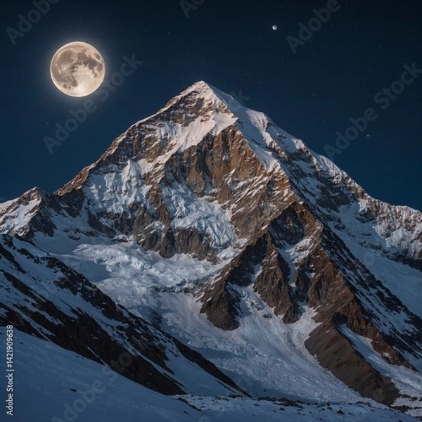 Fototapeta A full moon rising behind K2, casting ghostly light over the snow-covered slopes and turning the mountain into a silver specter in the night sky.