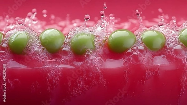 Fototapeta Fresh green peas in a vibrant pink liquid with splashing water.